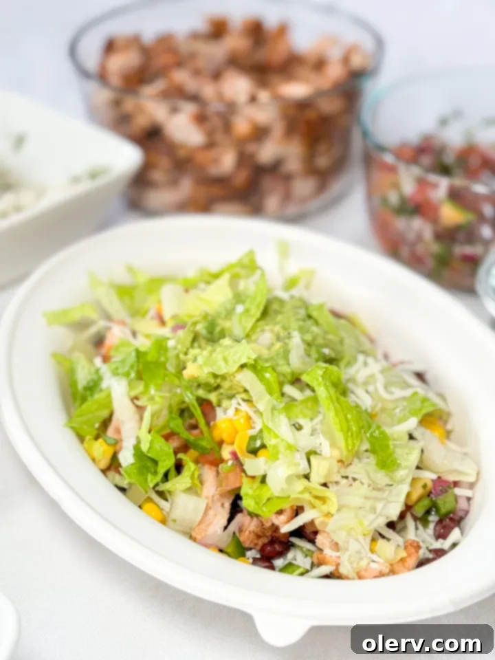 Southwest Chipotle Chicken Bowl 4 Assembled homemade Chipotle Chicken Bowl with all the delicious components