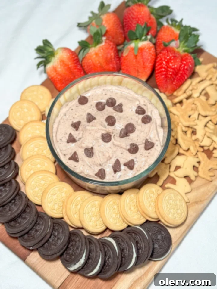 Irresistible Chocolate Chip Dip 6 The finished Chocolate Chip Dip in a serving bowl, featured on a recipe card.