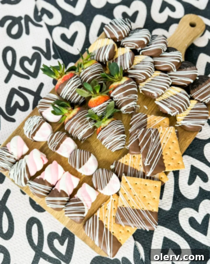 Decadent Chocolate Charcuterie 2 A beautifully arranged chocolate dipped charcuterie board with various sweet treats