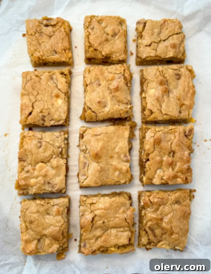 Golden Chewy Blondies 2 Fudgy white chocolate biscoff blondies with perfect crinkle tops, served on a white plate