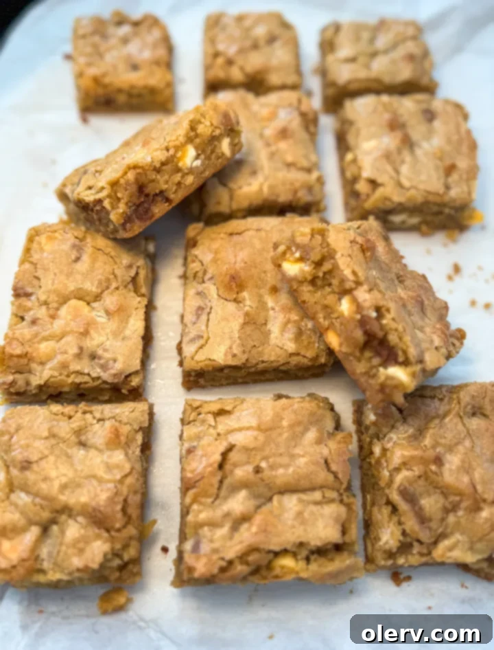 Golden Chewy Blondies 3 Close-up of a single slice of white chocolate biscoff blondie, showcasing its soft, fudgy interior and crisp crinkle top