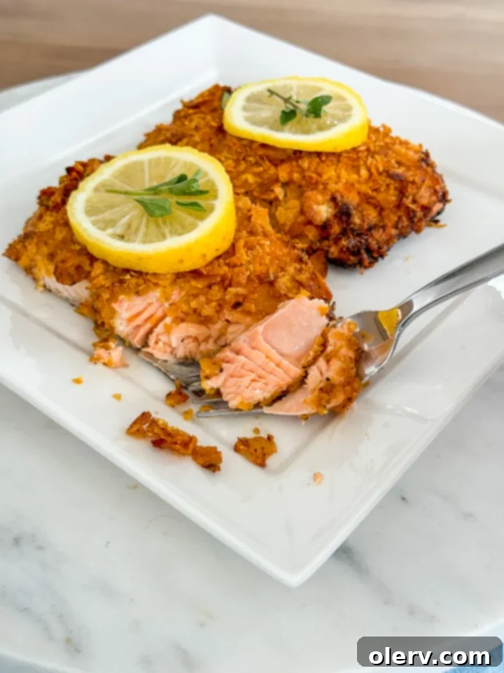 Lemon-Kissed Crispy Salmon Delight 3 Close-up of crispy lemon salmon with cornflake crust