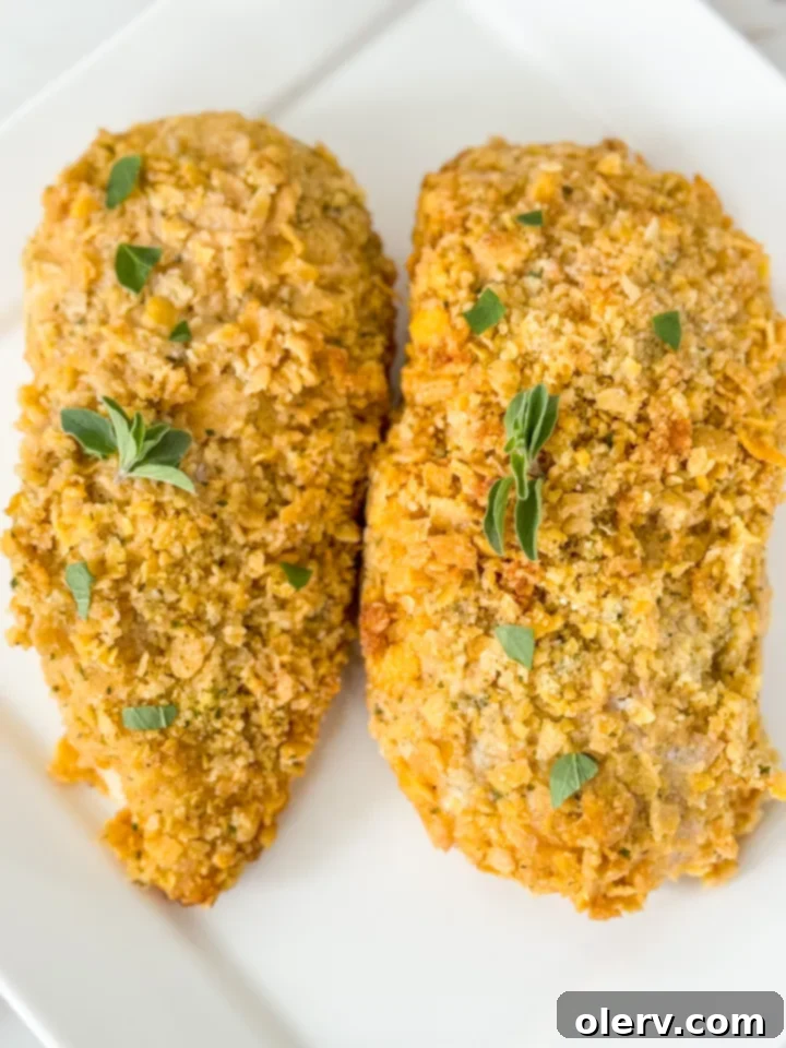 Golden Crispy Ranch Chicken 3 Close-up of uncooked crispy ranch chicken breasts coated with cornflakes in a baking dish