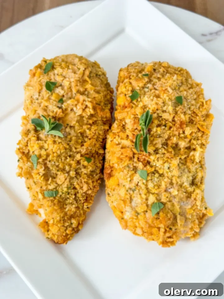 Golden Crispy Ranch Chicken 6 Freshly baked crispy ranch chicken served with green garnish in a baking dish