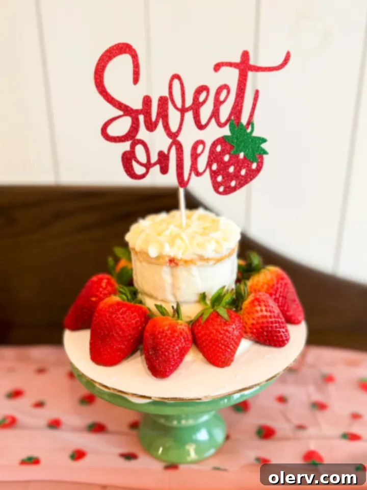 Berry Sweet One 4 A baby girl in a highchair, ready to enjoy her 'Sweet One' smash cake at her Berry First Birthday party.