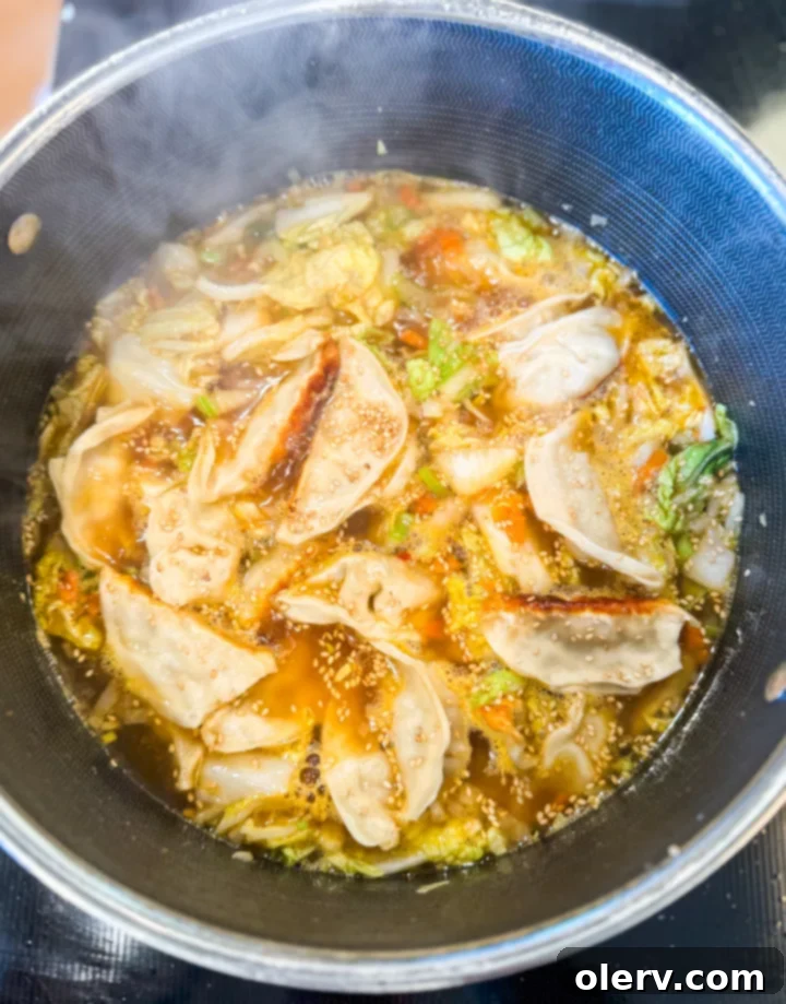 Sizzled Dumpling Soup 5 The potsticker soup simmering in a large pot, with ingredients clearly visible.