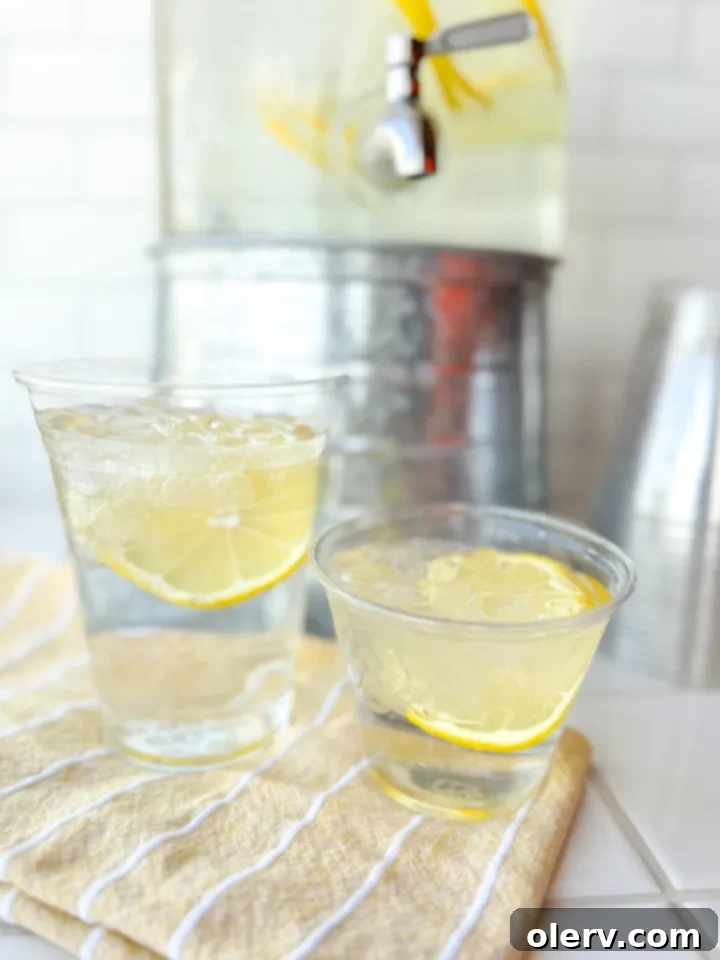The ultimate refreshing lemon water with lemon slices and ice, perfect for parties.