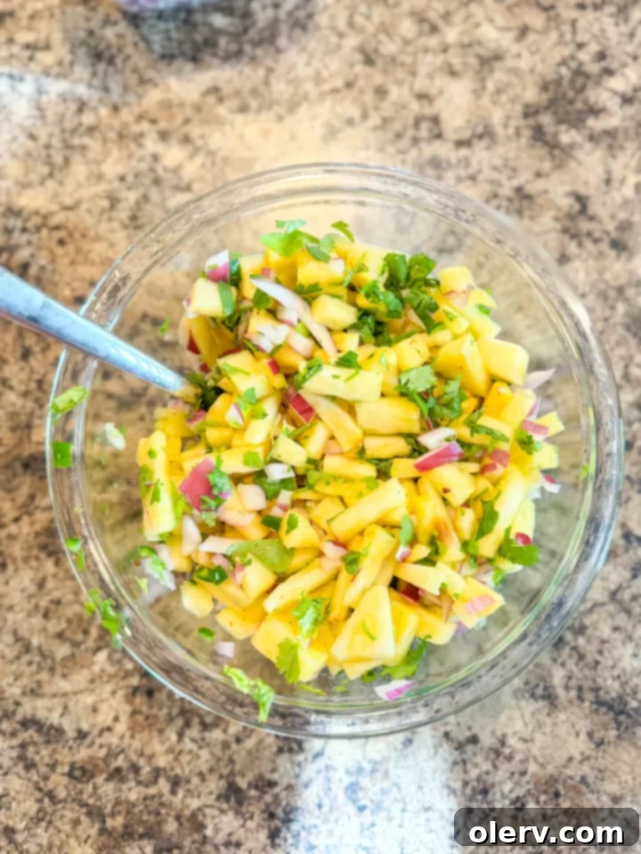 Crispy Air Fryer Shrimp Tacos 5 Ingredients for homemade pineapple salsa: diced pineapple, chopped cilantro, and red onion