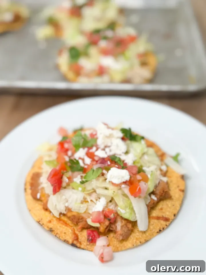Crispy Chicken Tostadas 6 Side view of a chicken tostada, highlighting the vibrant layers of fresh ingredients.