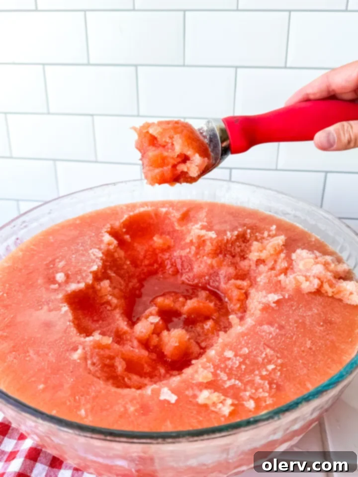 Summer Chill Sip 4 Scoops of red frozen fruit slush in a clear glass, ready for soda to be poured over