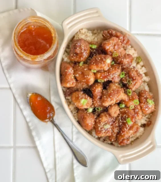 Delicious Sweet & Sour Apricot Chicken with garnish Sweet & Sour Apricot Chicken, ready to serve