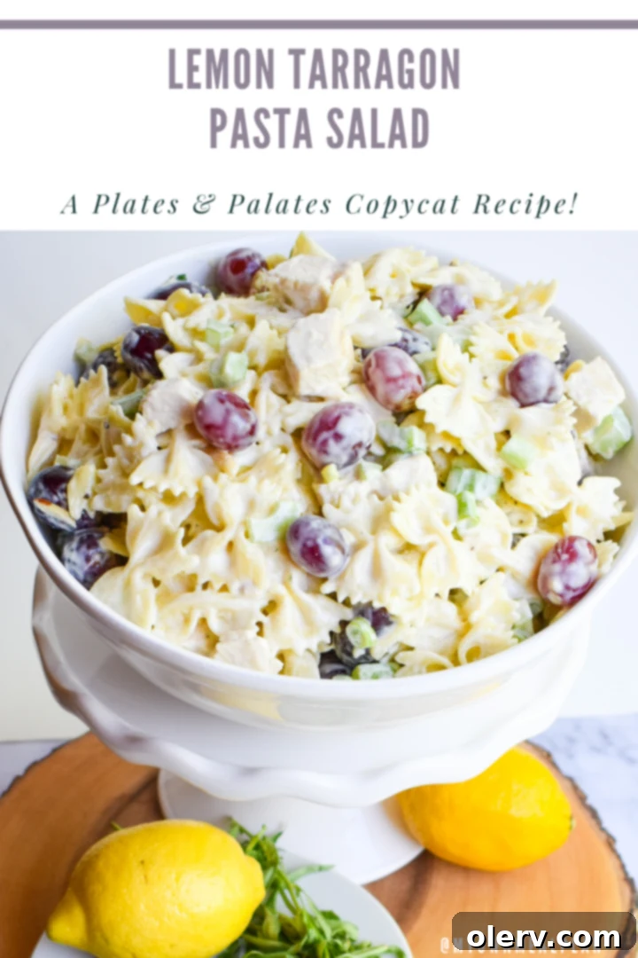 Beautifully garnished Lemon Tarragon Pasta Salad, perfect for saving to Pinterest.