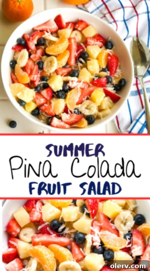 Tropical Pina Colada Fruit Salad 2 Pina Colada Fruit Salad Pinterest graphic with delicious fruit visuals, perfect for saving to your boards.