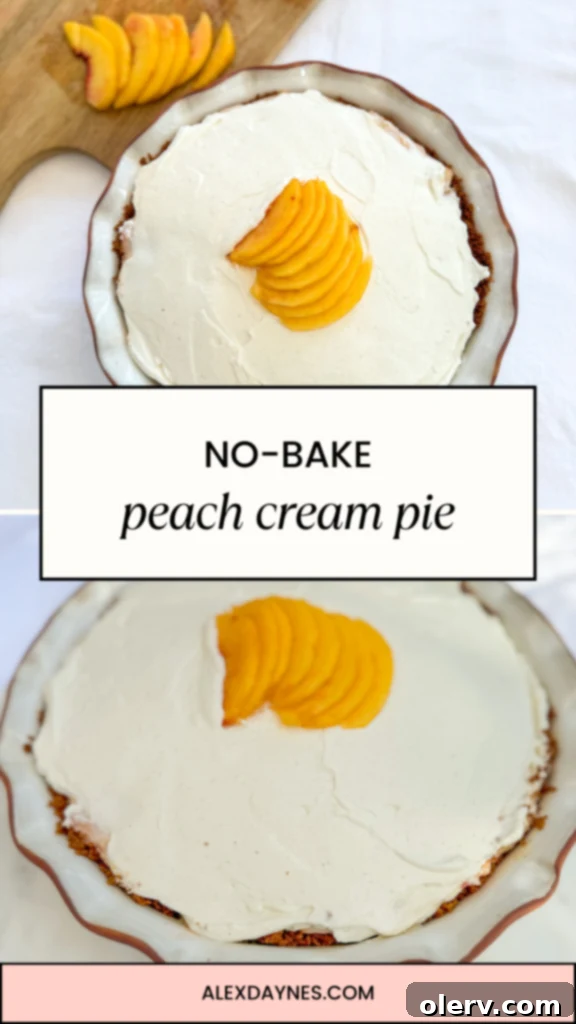 Creamy No-Bake Peach Delight 7 A Pinterest graphic for No-Bake Peach Cream Pie, showing a beautifully presented pie slice.
