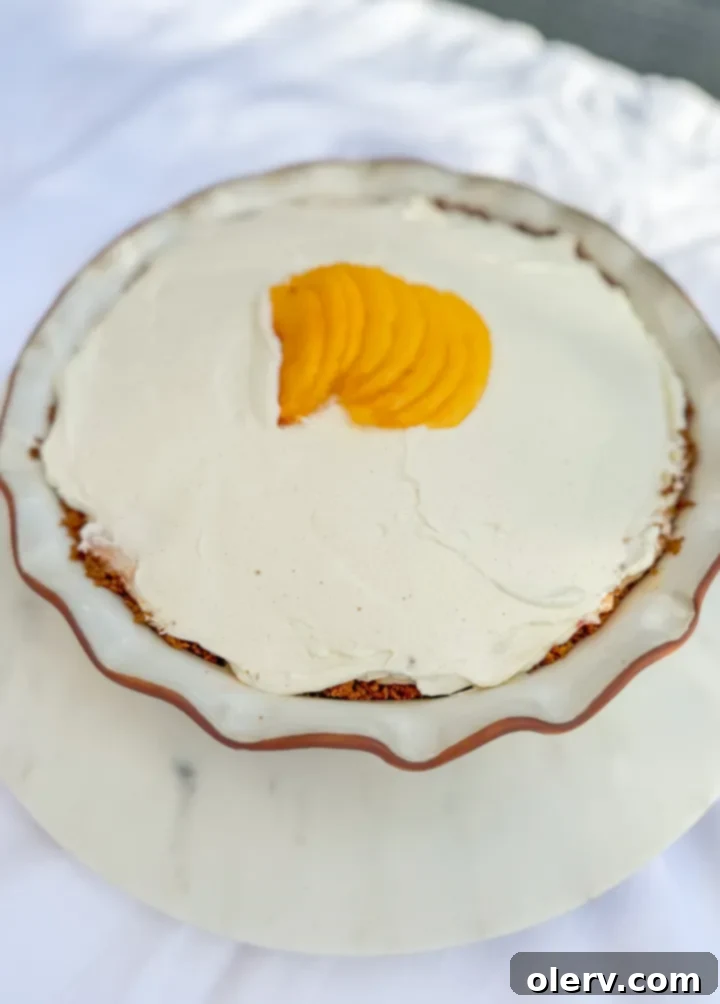 Creamy No-Bake Peach Delight 8 A whole no-bake peach cream pie in a pie dish, garnished with fresh mint and extra peach slices.