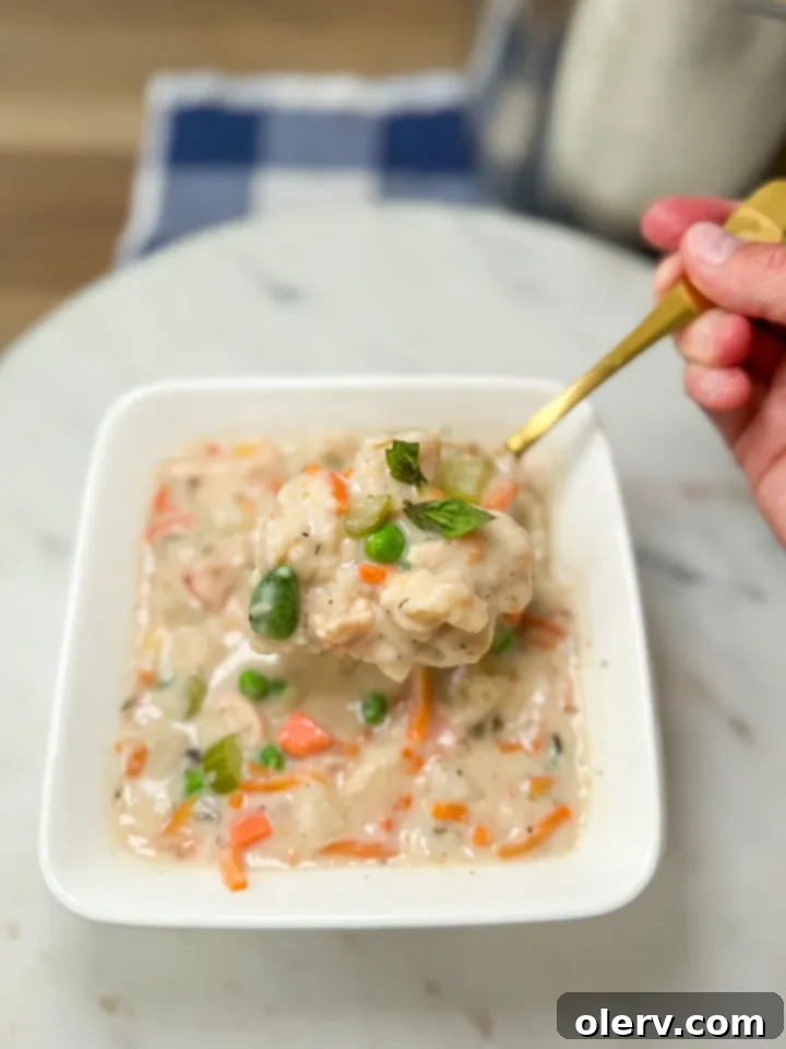 A close-up shot of a steaming bowl of Instant Pot Chicken and Dumplings, featuring tender chicken, vegetables, and fluffy biscuit dumplings in a creamy sauce, garnished with fresh herbs.