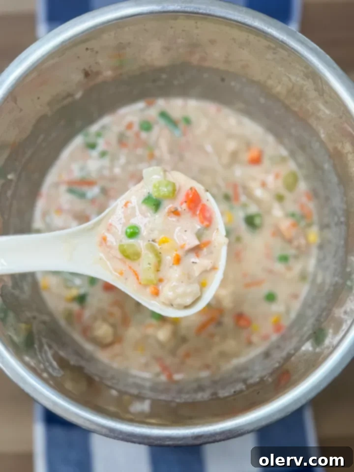 The Instant Pot open, showing the sautéed vegetables, chicken broth, and seasonings before adding chicken and dumplings.