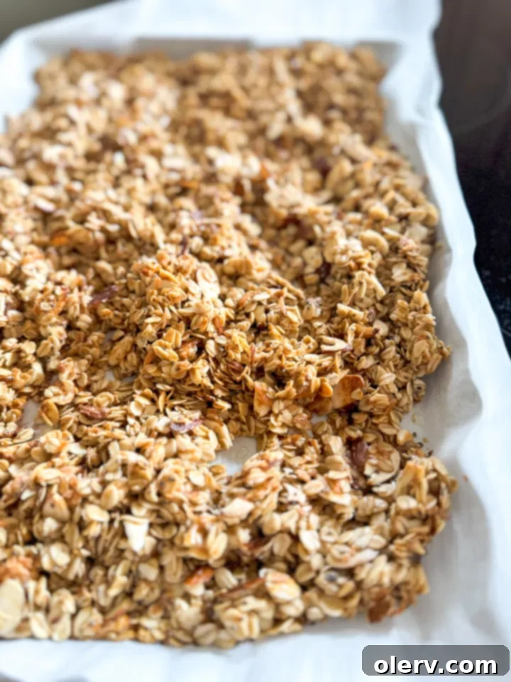 Whip Up Your Own Granola 5 A baking sheet filled with raw granola mixture, evenly spread out on parchment paper, ready for the oven.