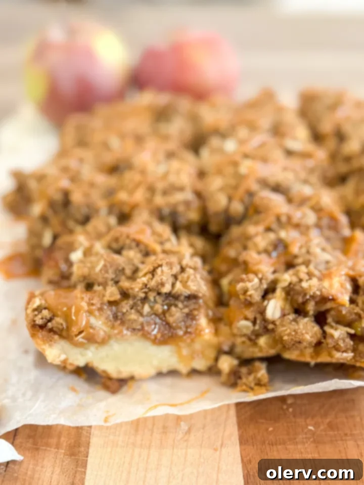 Golden Caramel Apple Delights 2 Delicious Caramel Apple Bars with a generous caramel drizzle, ready to be served.
