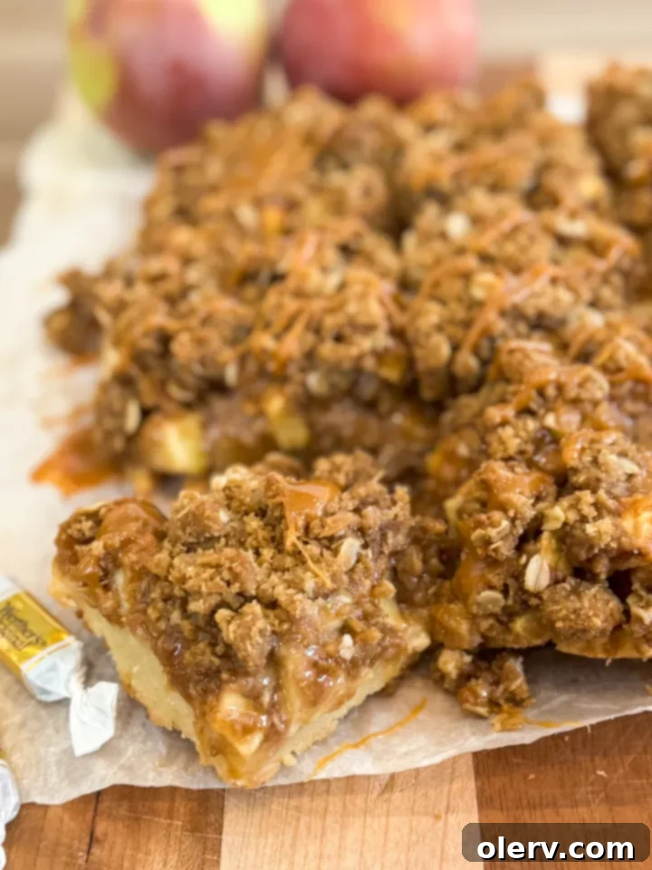 Golden Caramel Apple Delights 6 The apple and caramel filling spread over the shortbread crust, topped with the crumble mixture.