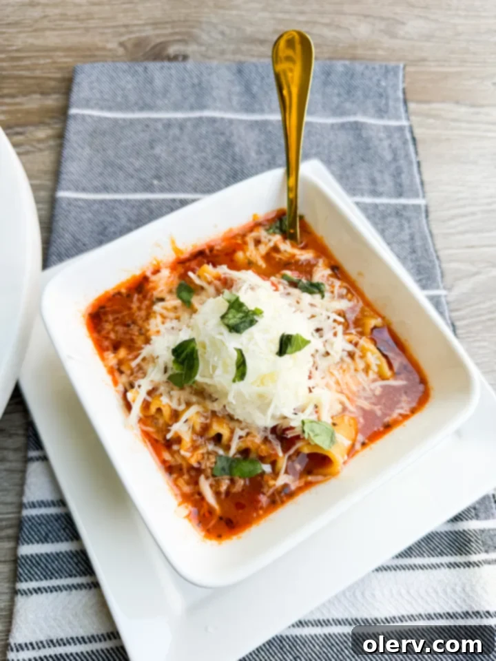 Ultimate Lasagna Soup 4 Individual serving of lasagna soup topped with ricotta, mozzarella, parmesan, and basil