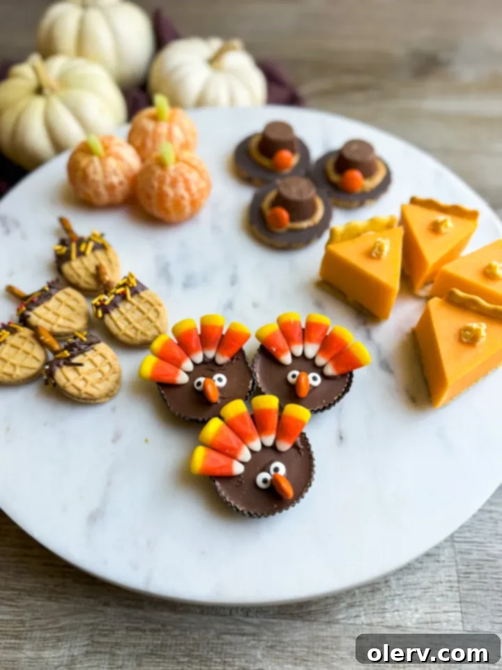 Mini Thanksgiving Delights 7 Homemade Nutter Butter acorns decorated with chocolate and sprinkles.