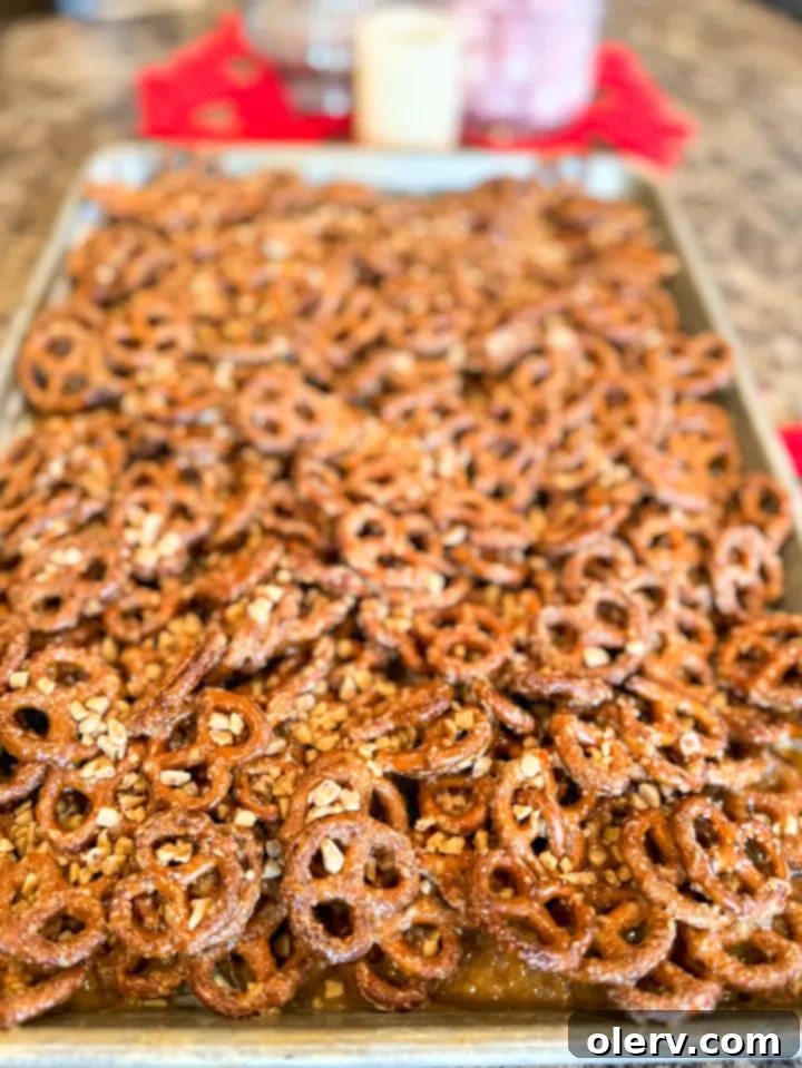 Sweet and Salty Toffee Pretzel Crunch 5 The melted butter and brown sugar mixture bubbling in a saucepan