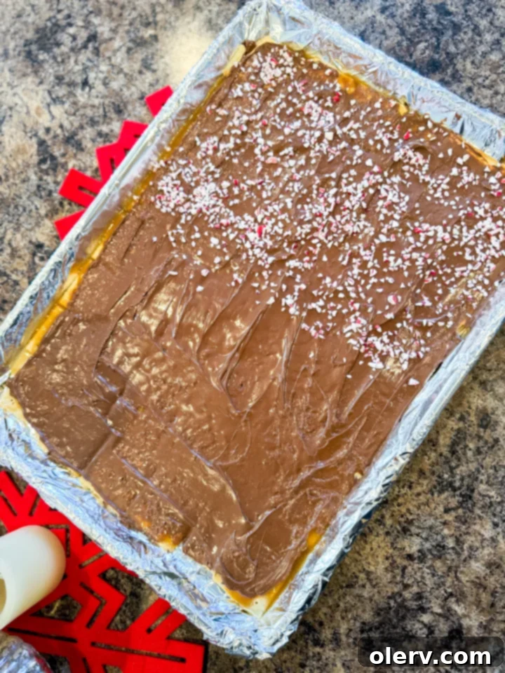 Irresistible Holiday Candy Bark 5 A freshly made batch of Christmas Crack Candy, still warm with melted chocolate and sprinkled with crushed peppermint, ready to cool.