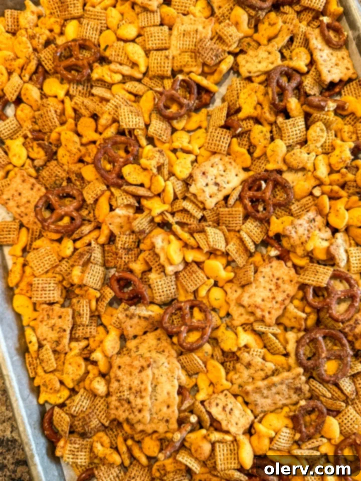 Close-up of a bowl filled with various components of Ranch Chex Mix, including Chex cereal, pretzels, and crackers.