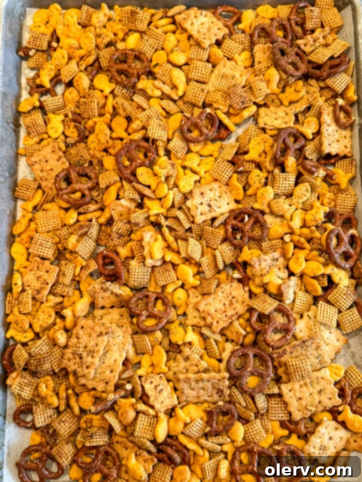 A bowl of freshly made Ranch Chex Mix, perfectly seasoned and ready to enjoy.
