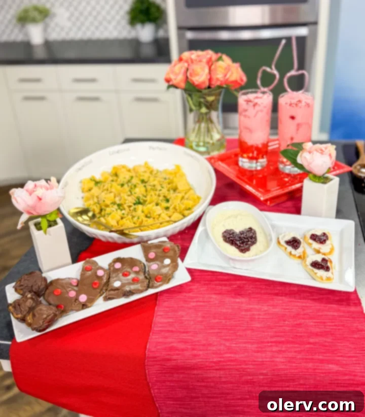 Girl Dinner Perfected 4 A curated menu spread for a Girl Dinner, featuring Garlic Butter Noodles, Sweet Kiss Bread Bites, Date Bark, and Dirty Shirleys.