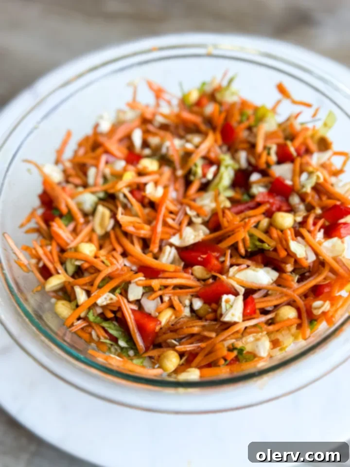 A freshly made Thai Crunch Carrot Salad in a serving bowl, garnished with extra cilantro and peanuts, ready to be enjoyed.