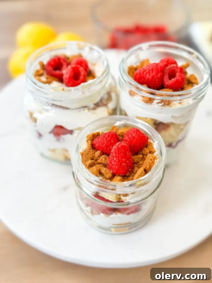 Zesty Lemon Trifle 2 A beautifully layered individual Lemon Trifle Dessert cup with lemon cake, lemon curd, whipped cream, raspberries, and Biscoff cookies.