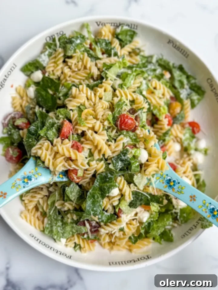 Creamy Caesar Pasta Delight 5 A bowl of freshly mixed Caesar Pasta Salad