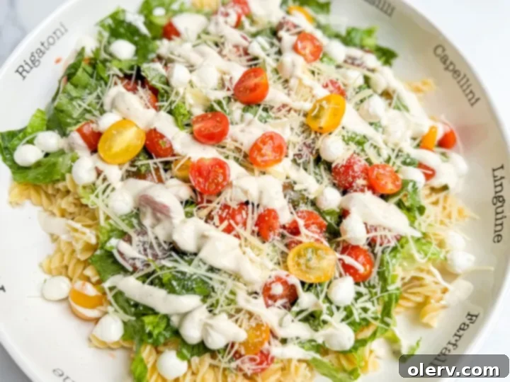 Creamy Caesar Pasta Delight 6 Close-up of Caesar Pasta Salad in a bowl
