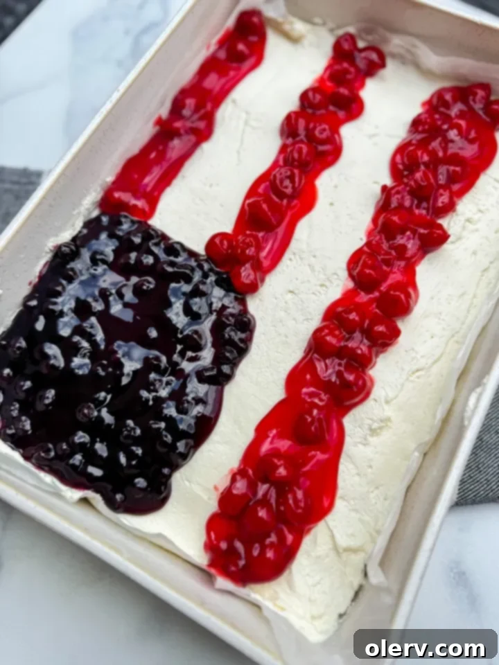 Sweet & Salty No-Bake Pretzel Delight 6 Finished No-Bake Pretzel Cheesecake with flag design