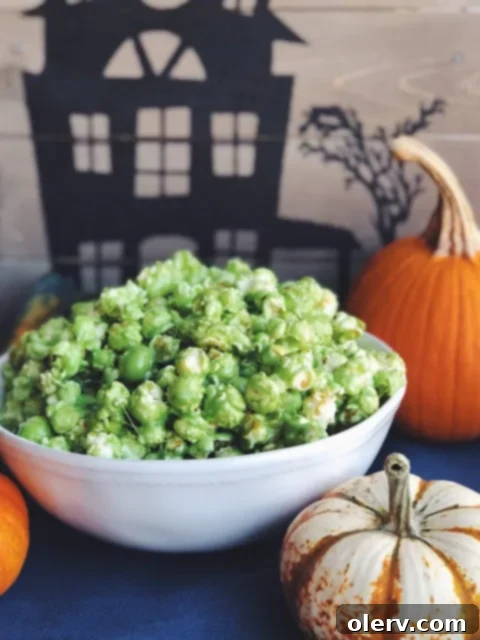 Popcorn Slime Delight 3 Delicious green Ooey Gooey Slime Popcorn, a festive Halloween snack.