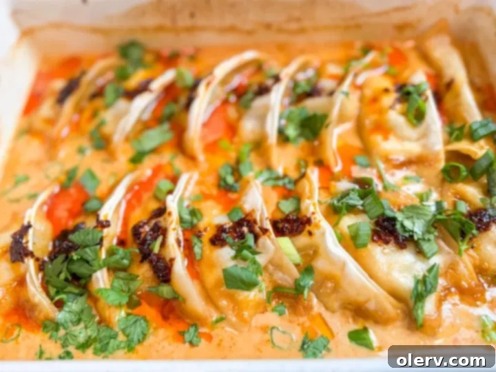 Close-up of baked dumplings submerged in a creamy coconut curry sauce