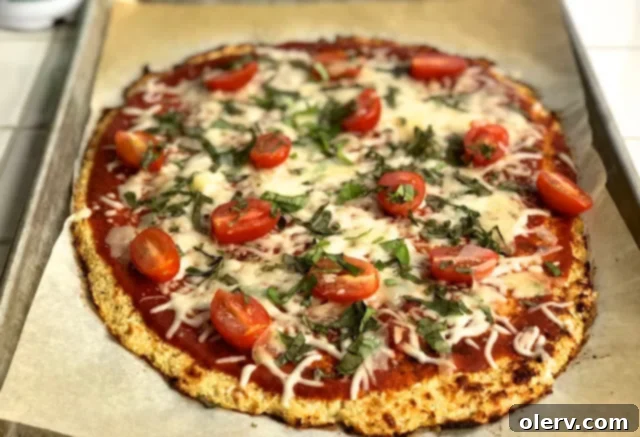 Cauliflower Pizza Crust recipe card footer image for sharing on social media or Pinterest.