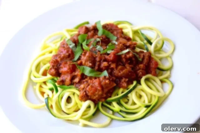 Zucchini Noodles with Tomato Meat Sauce for Pinterest