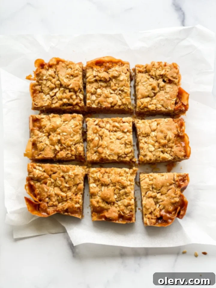 Unforgettable Carmelita Bars 3 Close-up of a single Carmelita bar, showing the golden oat crust, thick caramel, and visible chocolate chips.