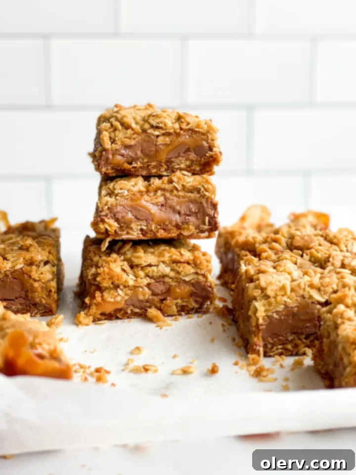 Unforgettable Carmelita Bars 5 Ingredients for Carmelitas laid out on a kitchen counter: butter, brown sugar, vanilla, oats, flour, chocolate chips, and a block of caramel.