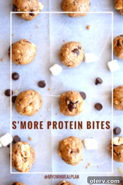 Smore Protein Energy Bites 8 A finished S'more Protein Bite next to raw ingredients and the mixture being scooped.