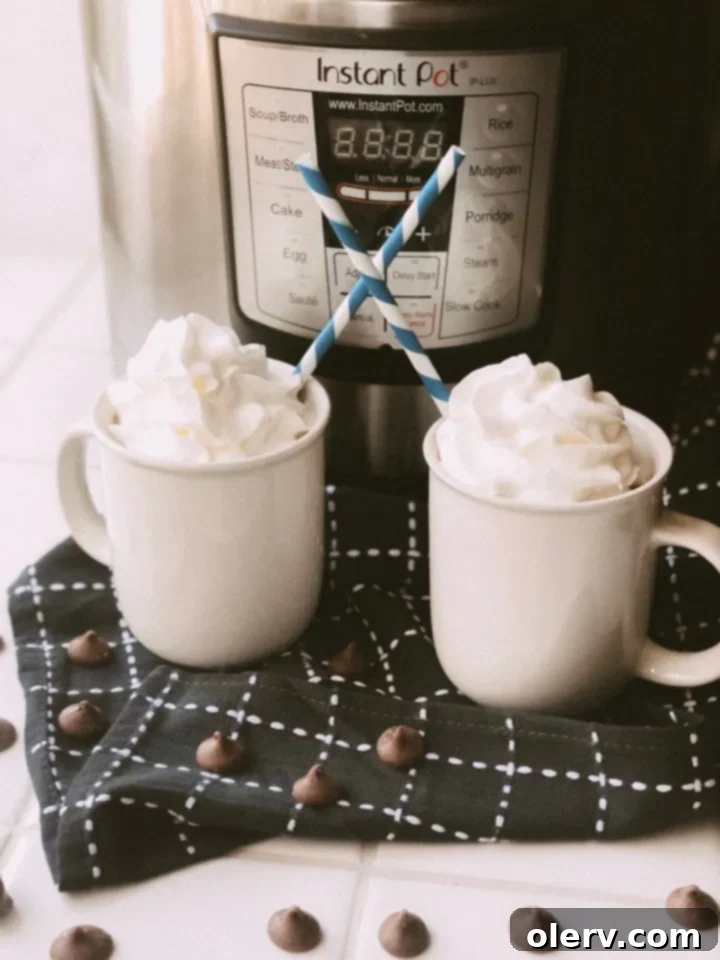 Easy Instant Pot Hot Chocolate 5 Instant Pot Hot Chocolate in mugs with toppings
