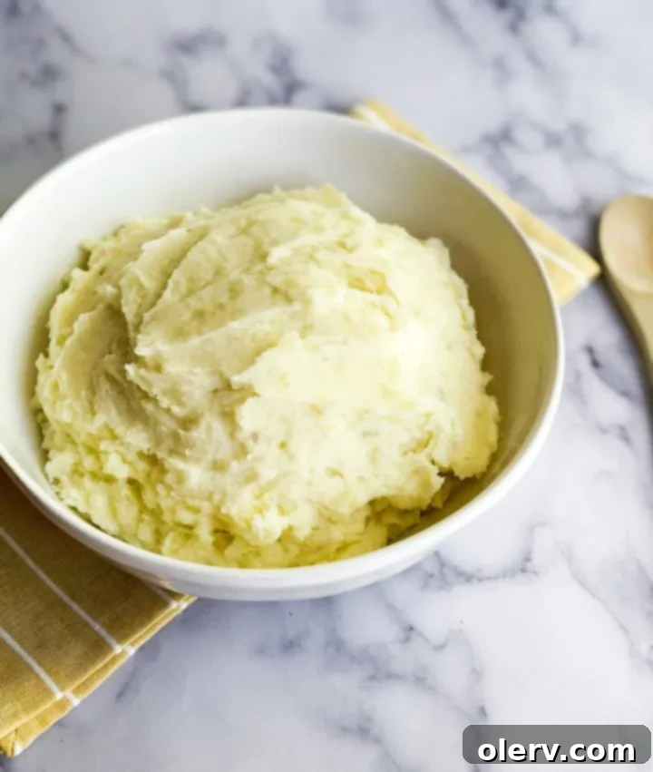 Fluffy Instant Pot Mashed Potatoes in Minutes 6 A large batch of Instant Pot Mashed Potatoes in a serving bowl, garnished.