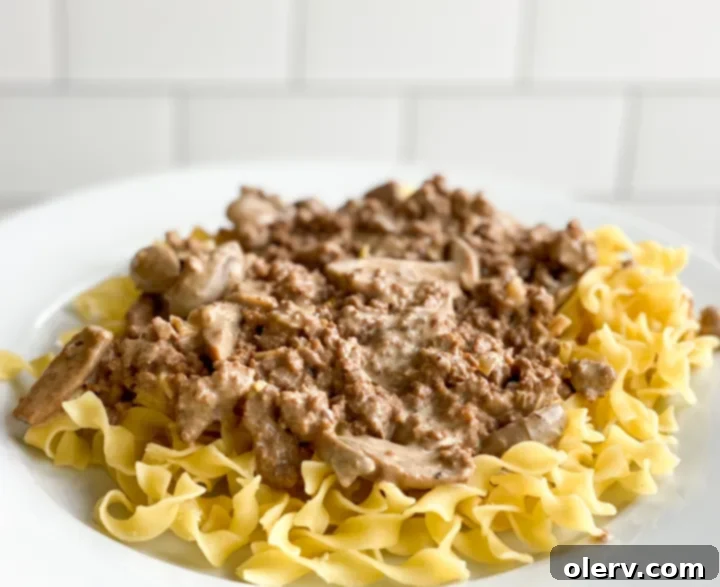 The Ultimate Creamy Beef & Mushroom Stroganoff 4 Creamy Beef Stroganoff sauce bubbling gently in a large pot