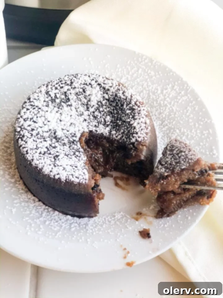 Velvet Chocolate Core Delight 5 Closeup of molten chocolate lava cake topped with powdered sugar, ready to be served.