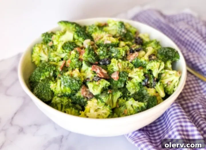 Simple and Delicious Broccoli Salad 3 Close-up of Easy Broccoli Salad, highlighting the crisp broccoli florets and a generous amount of creamy dressing.