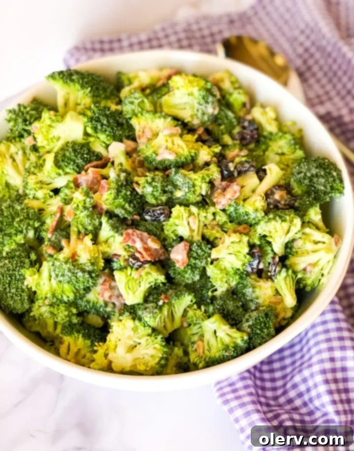 Simple and Delicious Broccoli Salad 7 The finished Easy Broccoli Salad, perfectly mixed and ready to be served, garnished with fresh parsley.