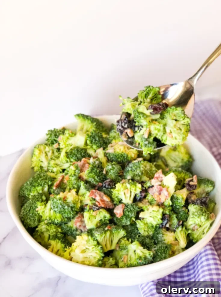 Simple and Delicious Broccoli Salad 8 Easy Broccoli Salad in a white bowl, ready to be served